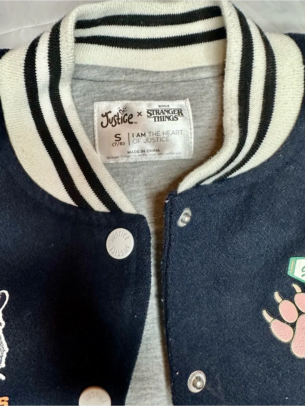 Justice Navy and White Girls' Varsity Jacket with Patch Details STRANGER THINGS